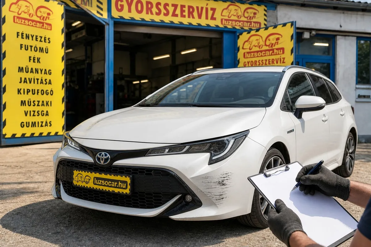 Fehér Toyota lökhárítósérülésének felmérése a Luzso Car műhelye előtt