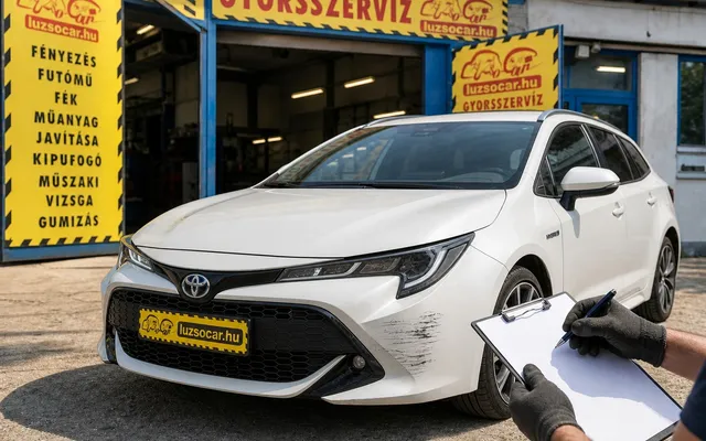 Fehér Toyota lökhárítósérülésének felmérése a Luzso Car műhelye előtt