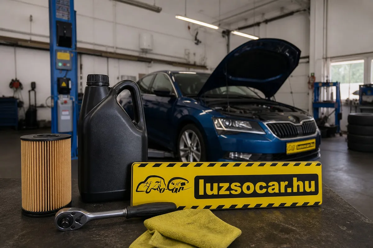 Új olajszűrő és motorolajos kanna a műhely munkapadján