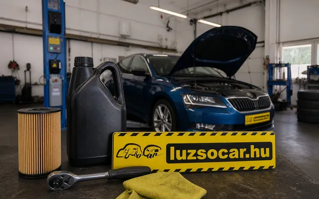 Új olajszűrő és motorolajos kanna a műhely munkapadján