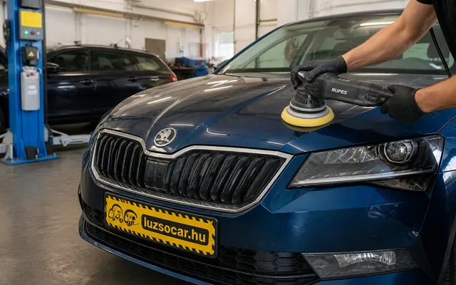 Kék autó gépi polírozása Luzso Car rendszámtakaróval, a Delato műhelyét idéző környezetben